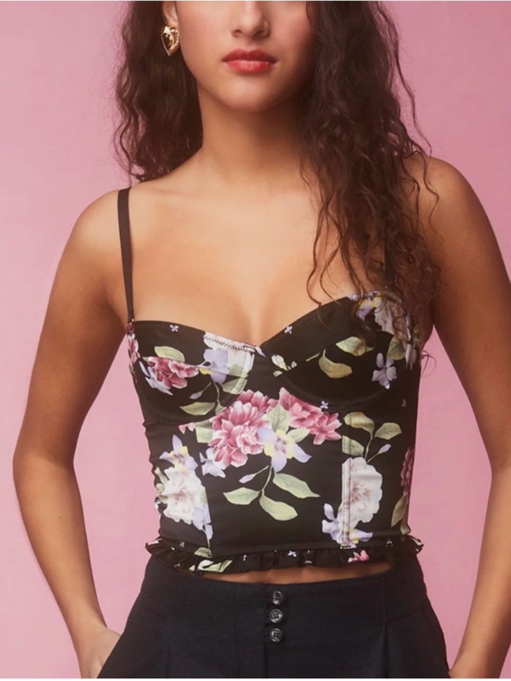 Rouje Black Floral Cami with Pink & Cream Blooms